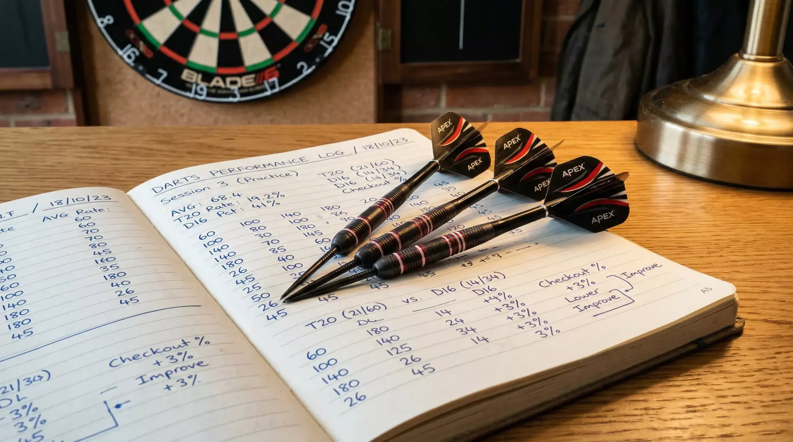 Dartpfeile auf einer Dartscheibe neben einem aufgeschlagenen Notizbuch mit Zahlen – Darts-Quotenvergleich