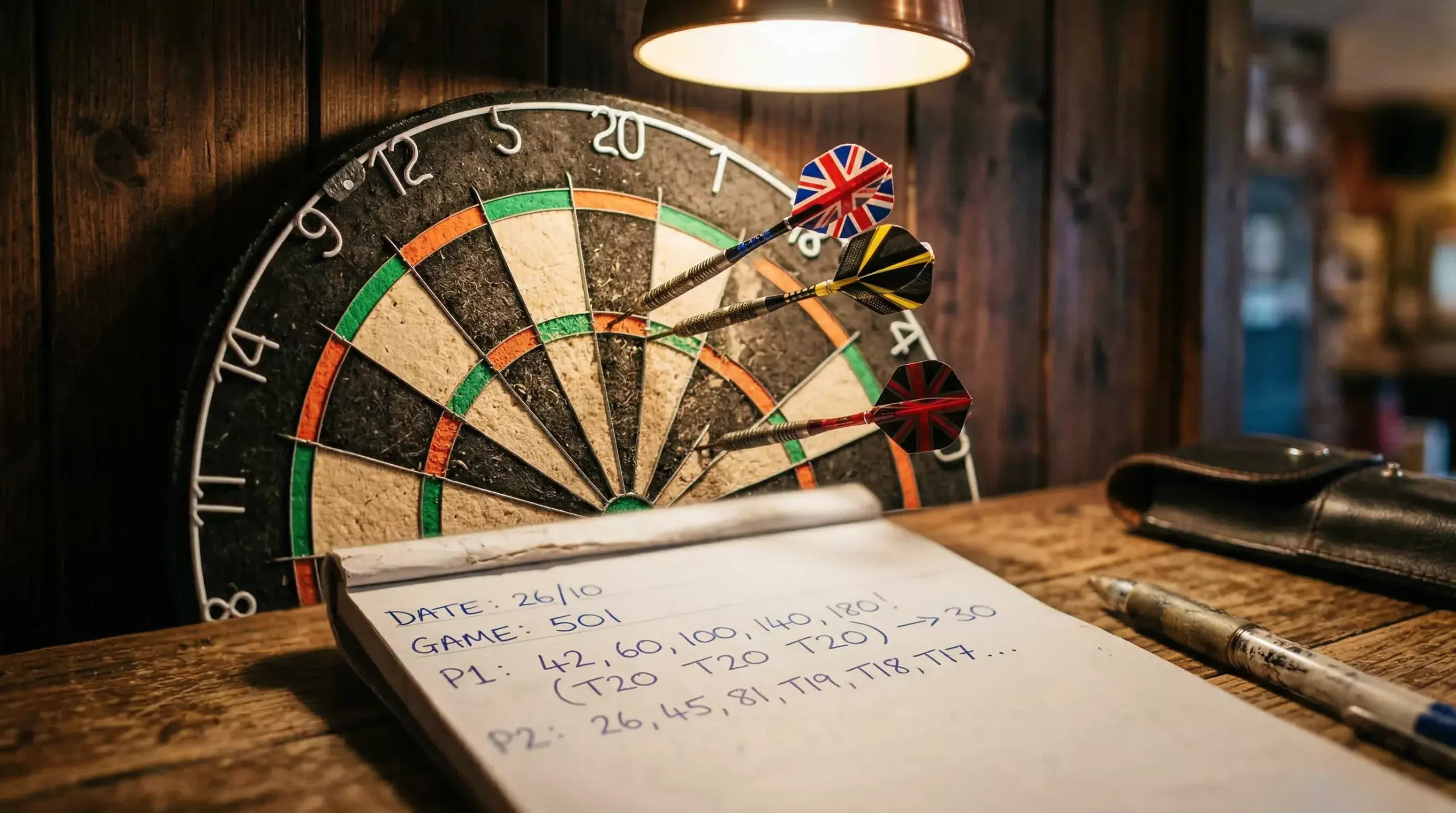 Nahaufnahme einer Dartscheibe mit eingesteckten Pfeilen und Statistik-Notizen daneben – Darts-Statistiken für Sportwetten