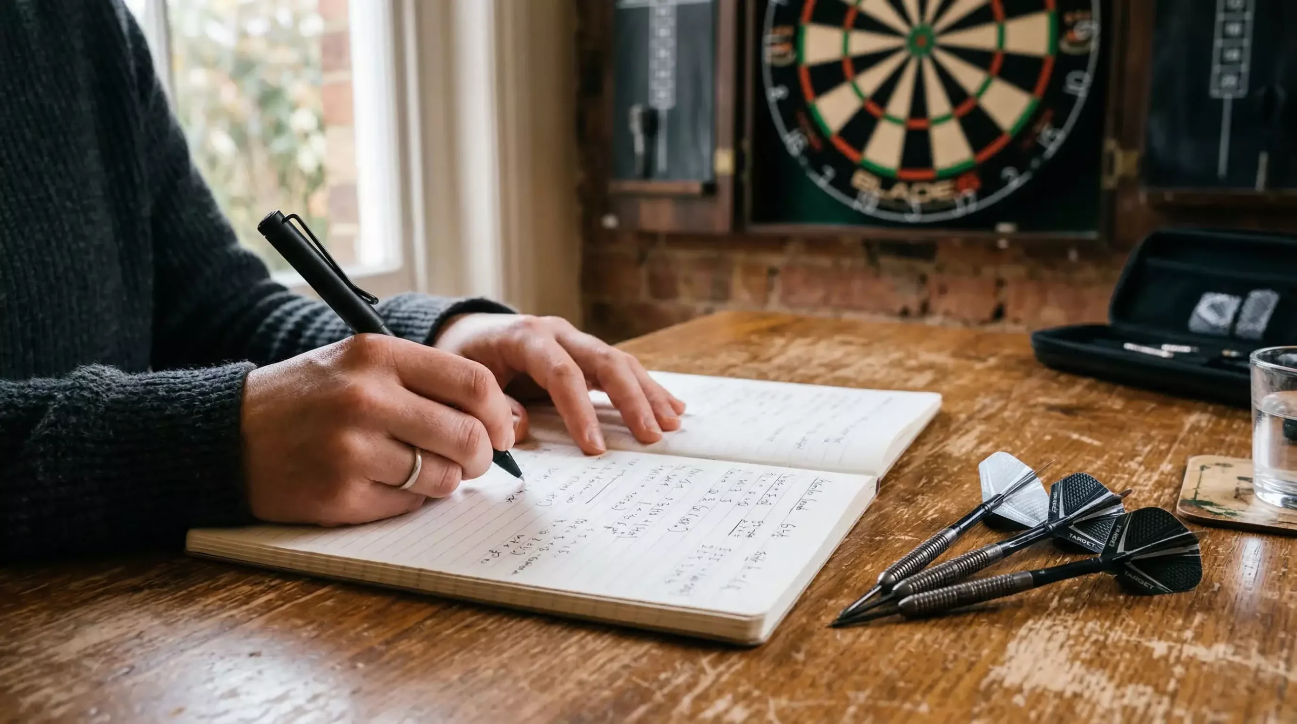 Person analysiert Darts-Statistiken in einem Notizbuch mit Dartscheibe im Hintergrund – Value Betting bei Darts
