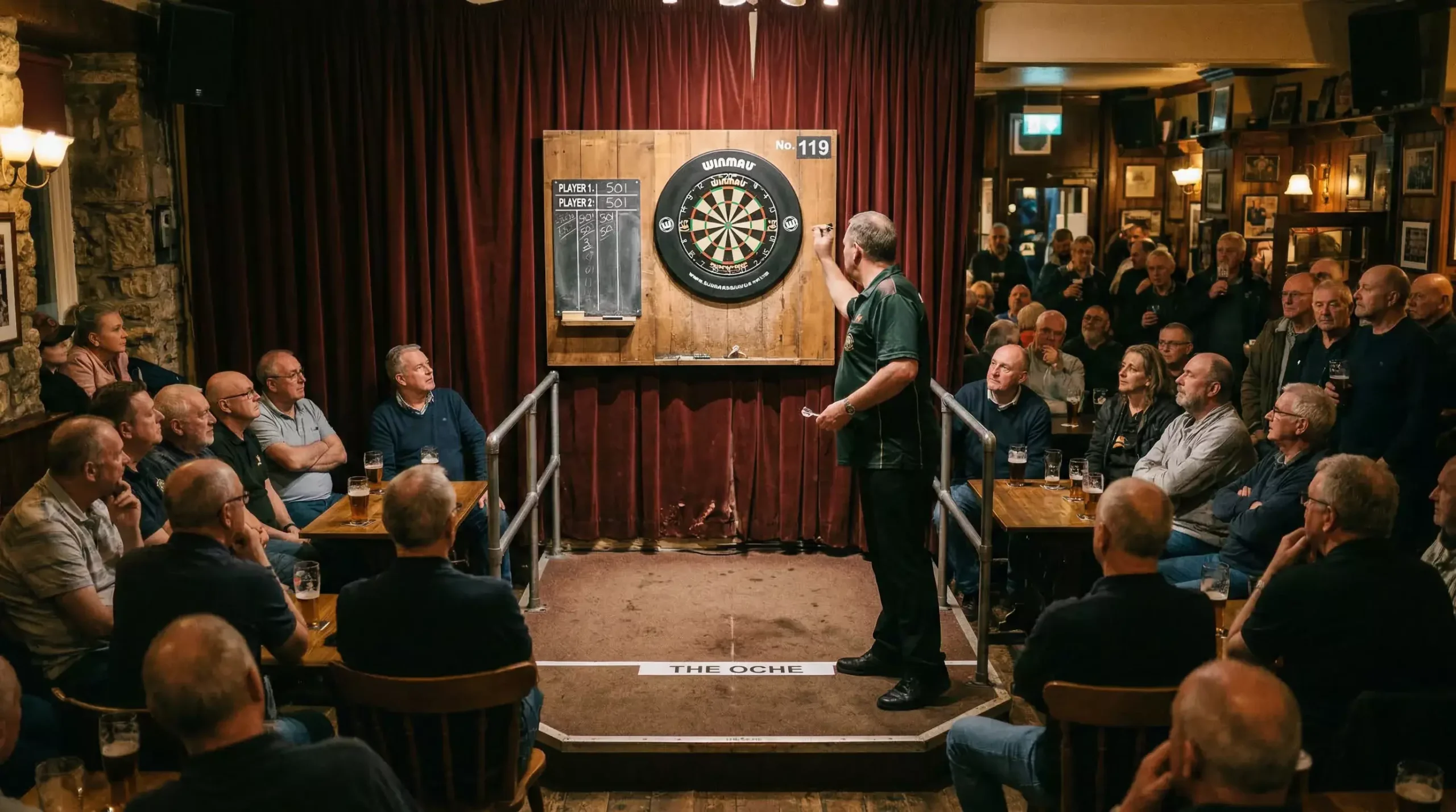 Hand hält ein Smartphone mit einem Darts-Match auf dem Bildschirm – mobile Darts-Wetten App