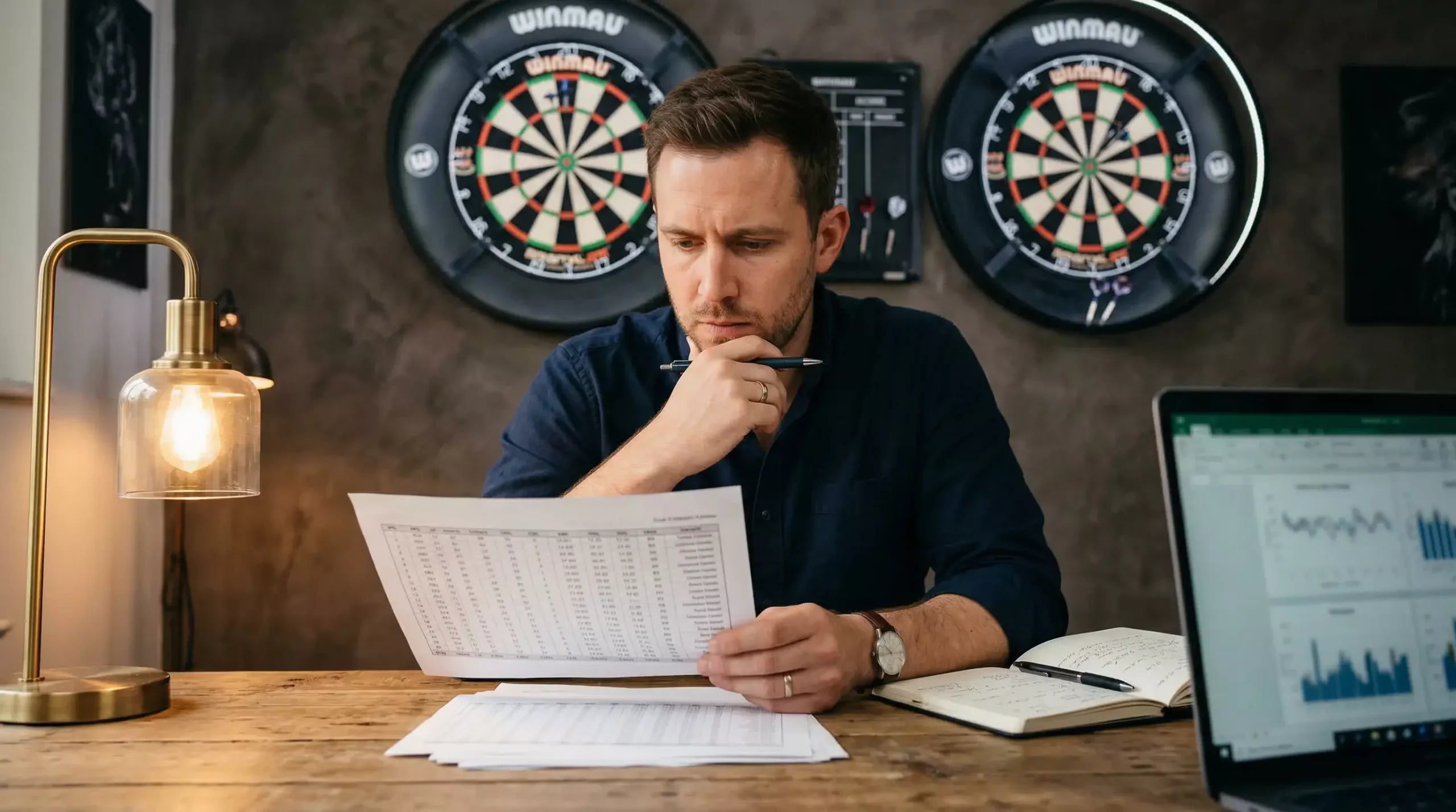 Darts Wetten Strategie — Spieler analysiert Statistiken vor einem Darts-Match