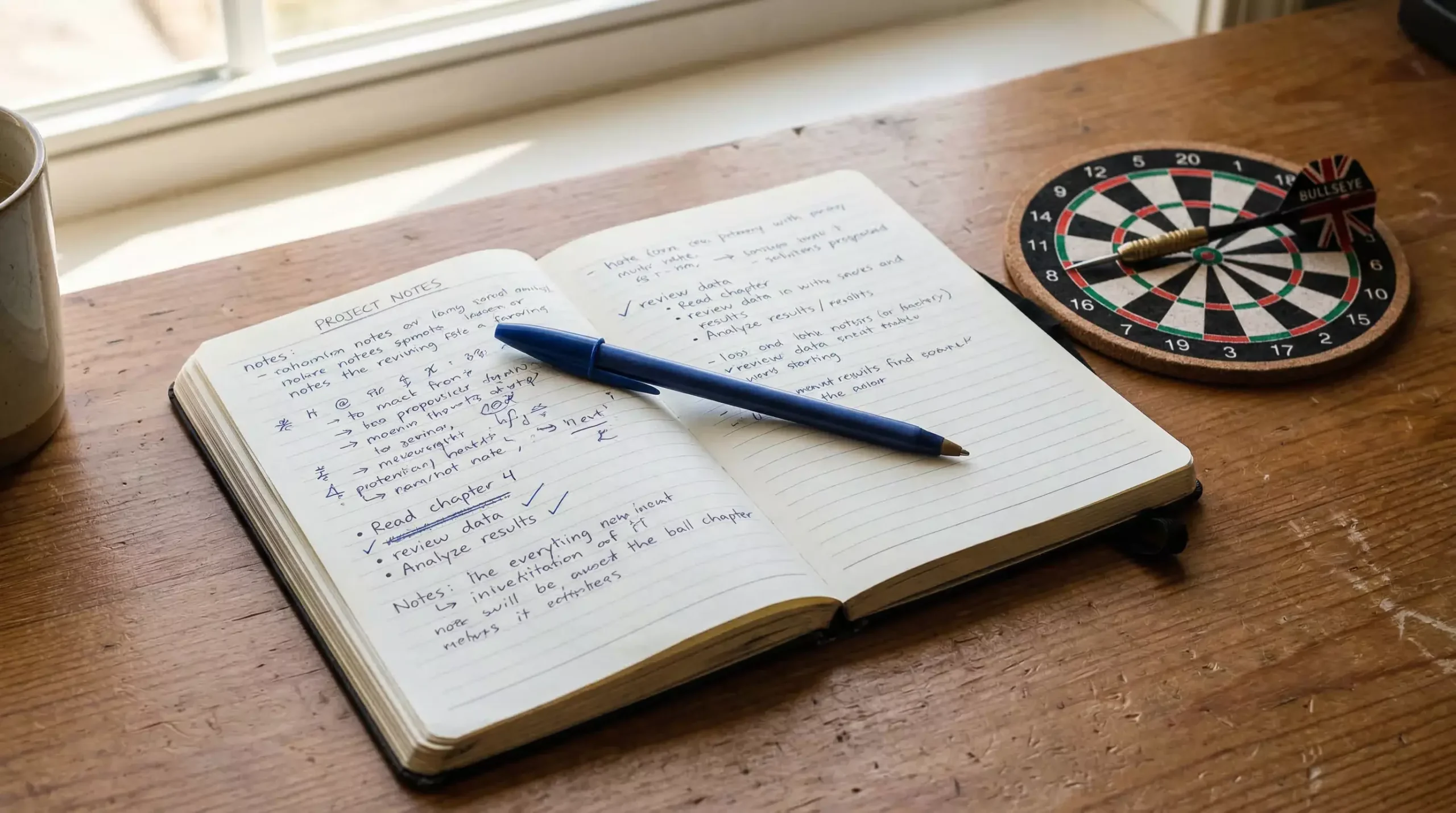 Aufgeschlagenes Notizbuch mit Stift neben einer Dartscheibe – tagesaktuelle Darts-Wett-Tipps