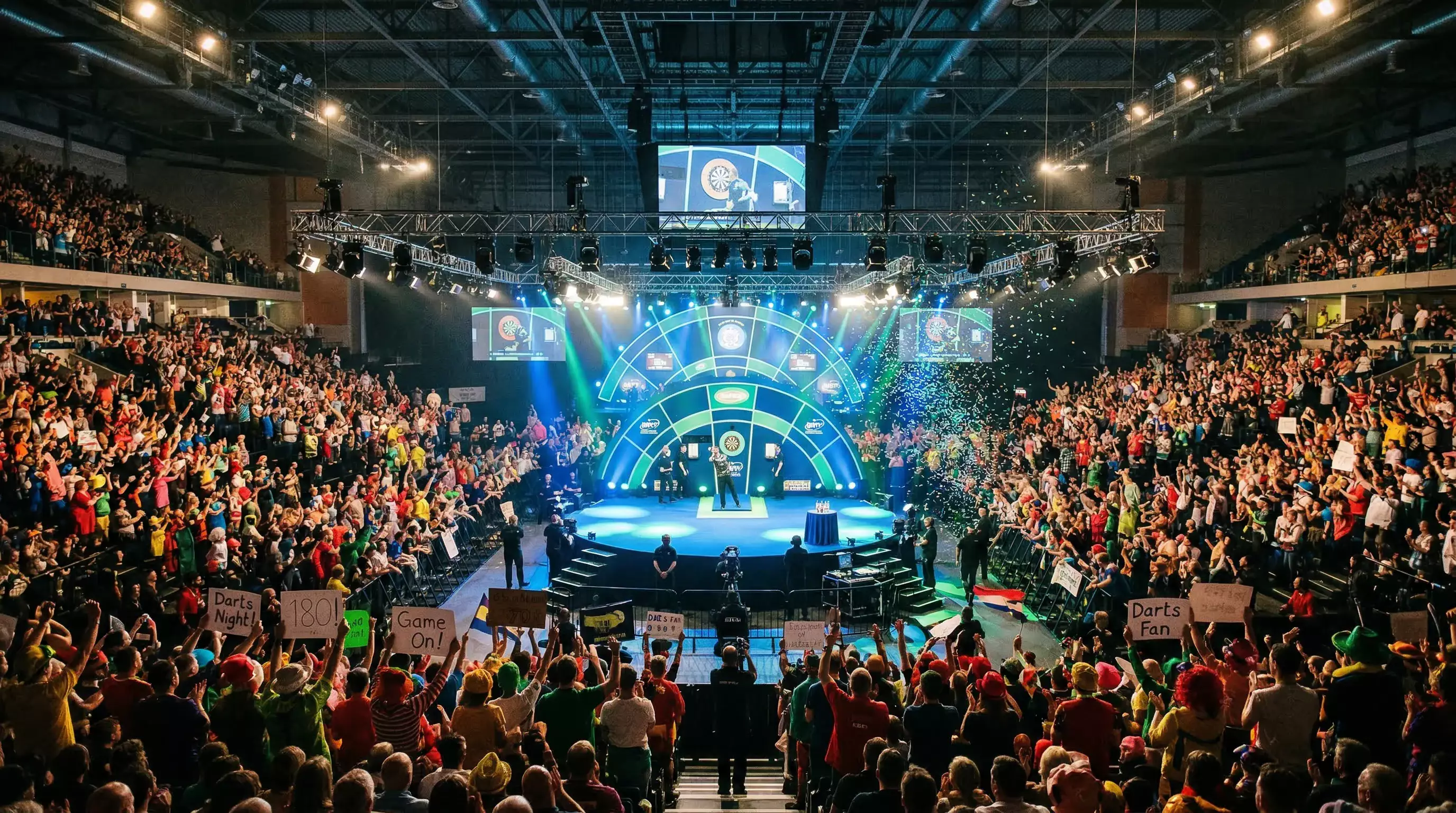 Volle Halle beim PDC-Turnier im Alexandra Palace mit BГјhnenbeleuchtung und jubelndem Publikum