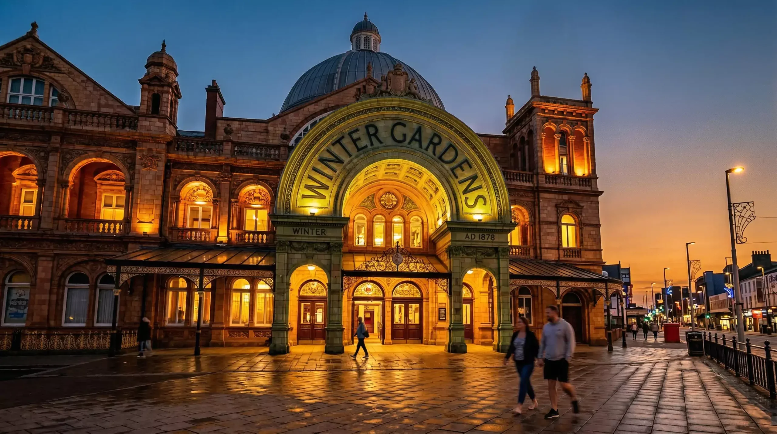 Winter Gardens Blackpool Fassade bei Abendlicht – World Matchplay Darts Austragungsort